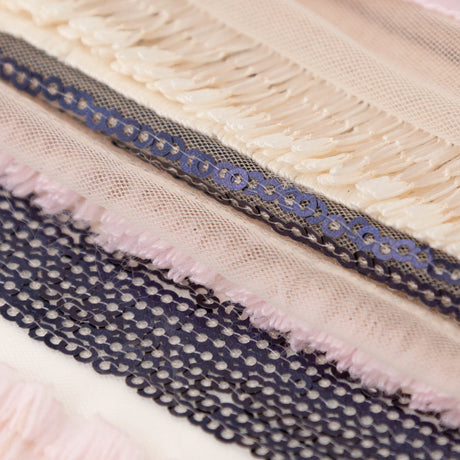 Italian Novelty Pale Beige and Pink Sequins and Fringe Striped Tulle