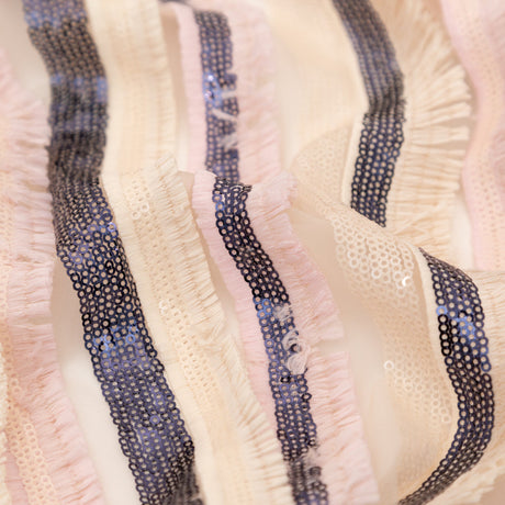 Italian Novelty Pale Beige and Pink Sequins and Fringe Striped Tulle