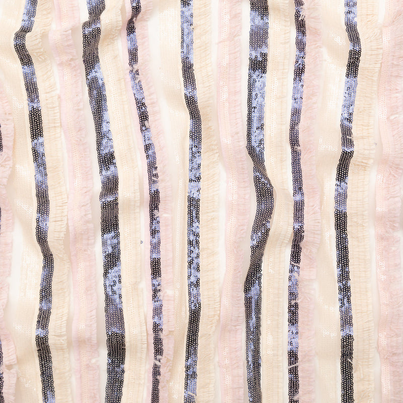 Italian Novelty Pale Beige and Pink Sequins and Fringe Striped Tulle