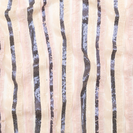 Italian Novelty Pale Beige and Pink Sequins and Fringe Striped Tulle