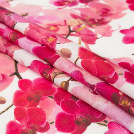 Tilted Pink Orchid and White Alyssum Printed Linen Woven