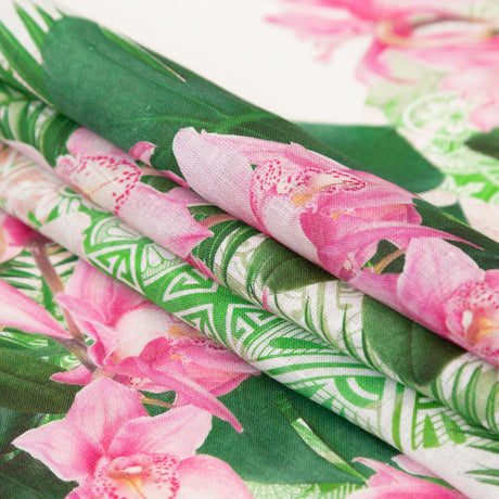 Pesto Palms and Pink Lilies Printed Linen Woven