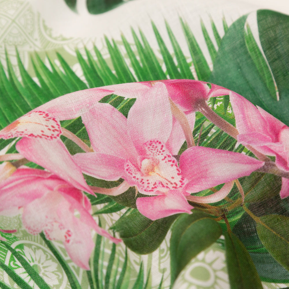 Pesto Palms and Pink Lilies Printed Linen Woven