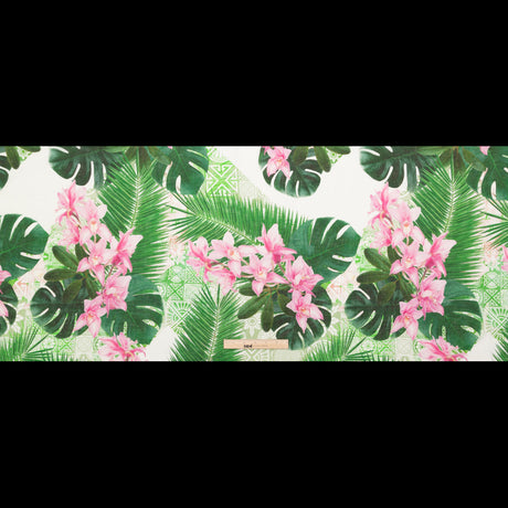 Pesto Palms and Pink Lilies Printed Linen Woven