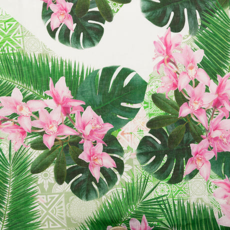 Pesto Palms and Pink Lilies Printed Linen Woven