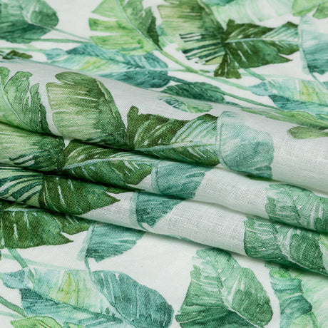 Green Banana and Palm Leaves Printed Ivory Linen Woven