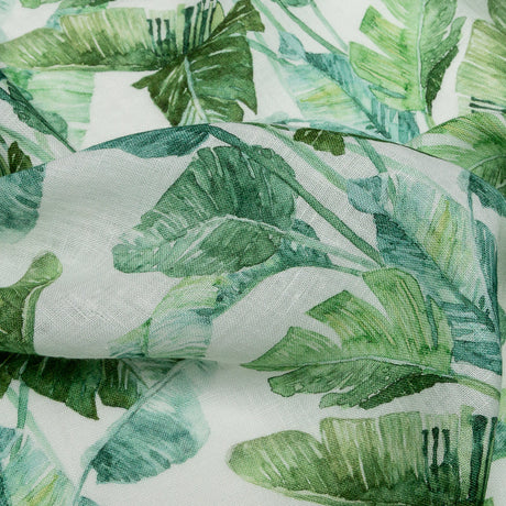 Green Banana and Palm Leaves Printed Ivory Linen Woven