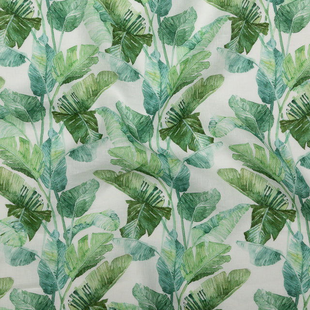 Green Banana and Palm Leaves Printed Ivory Linen Woven