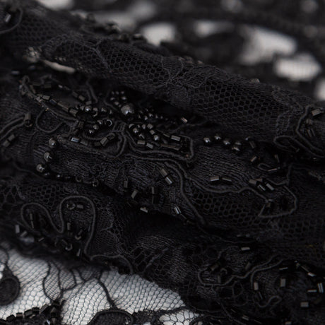 Black Narrow Beaded Floral Corded 3D Lace with Scalloped Eyelash Edges