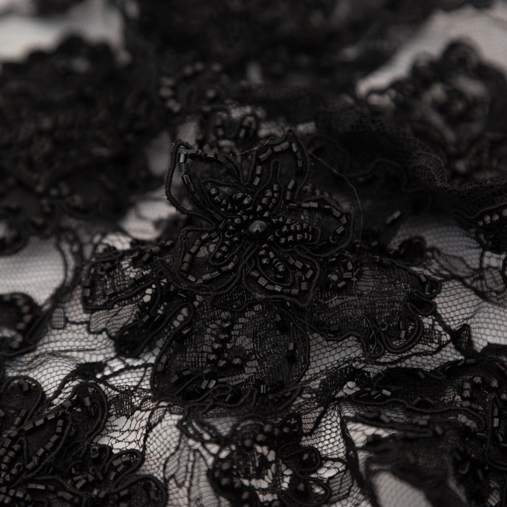 Black Narrow Beaded Floral Corded 3D Lace with Scalloped Eyelash Edges