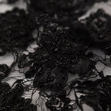 Black Narrow Beaded Floral Corded 3D Lace with Scalloped Eyelash Edges