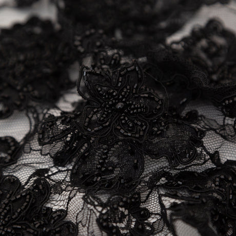 Black Narrow Beaded Floral Corded 3D Lace with Scalloped Eyelash Edges