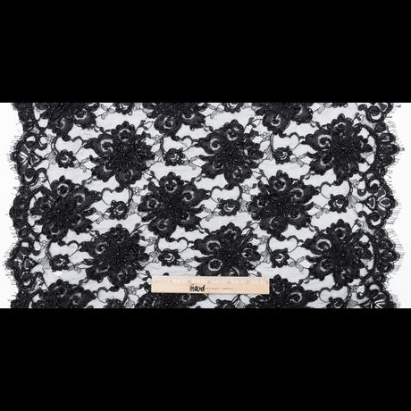 Black Narrow Beaded Floral Corded 3D Lace with Scalloped Eyelash Edges