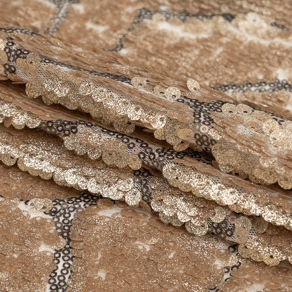 Mesh with Sequins - Metallic Gold Cracking Spots on Pale Beige
