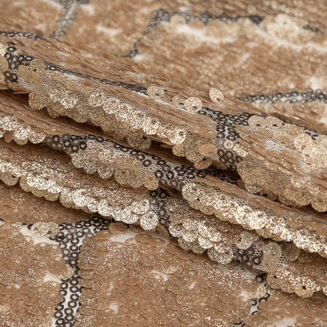 Mesh with Sequins - Metallic Gold Cracking Spots on Pale Beige