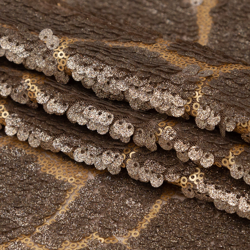 Mesh with Sequins - Metallic Bronze Cracking Spots on Dark Beige