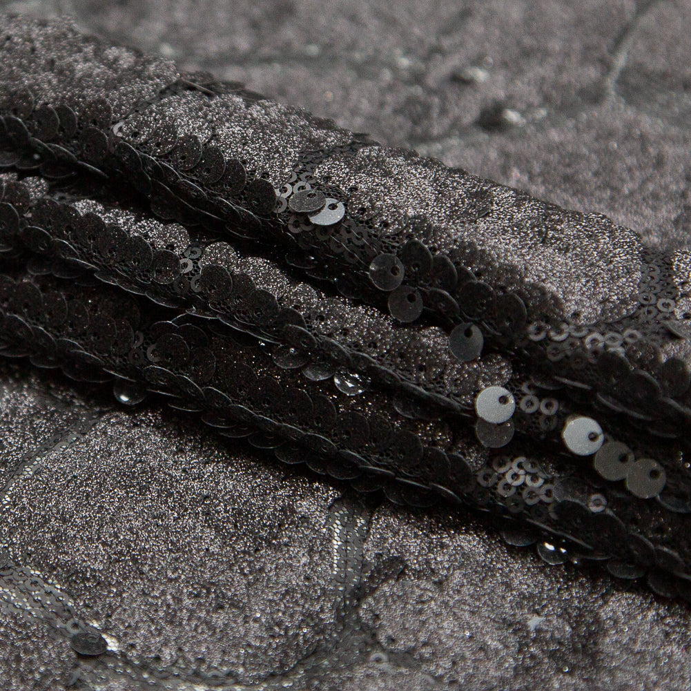 Mesh with Sequins - Metallic Black Cracking Spots on Black
