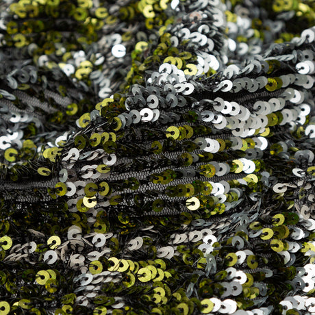 Mesh with Baby Sequins - Metallic Green and Silver on Black