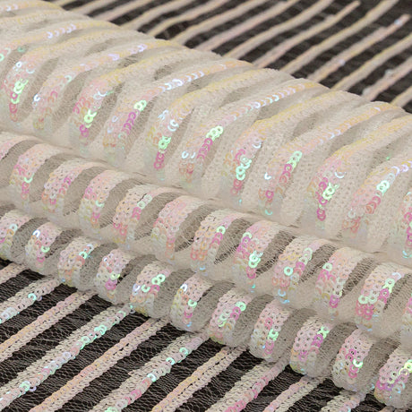 Netting with Baby Sequins - Flamingo Pink and Green Iridescent Stripes on White