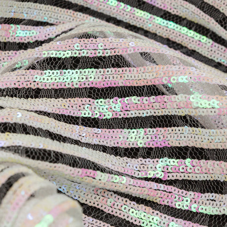 Netting with Baby Sequins - Flamingo Pink and Green Iridescent Stripes on White
