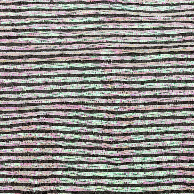 Netting with Baby Sequins - Flamingo Pink and Green Iridescent Stripes on White