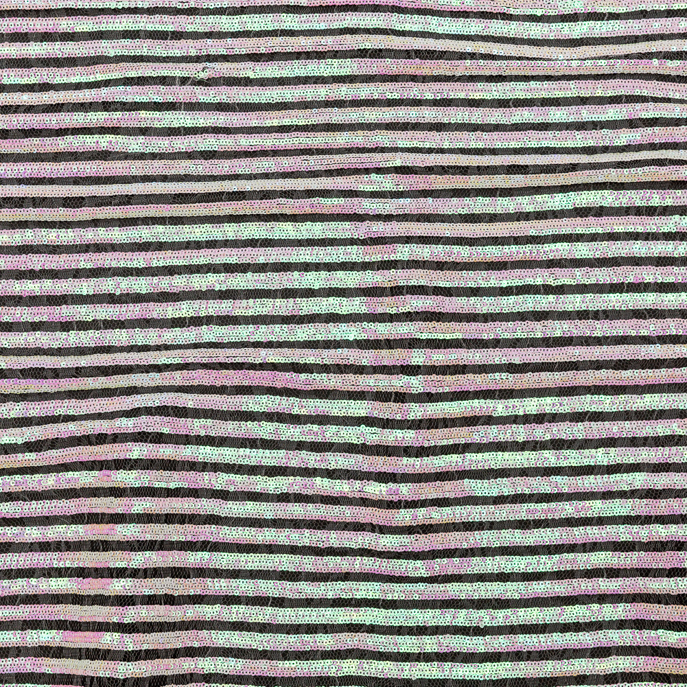 Netting with Baby Sequins - Flamingo Pink and Green Iridescent Stripes on White