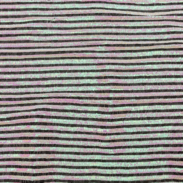 Netting with Baby Sequins - Flamingo Pink and Green Iridescent Stripes on White