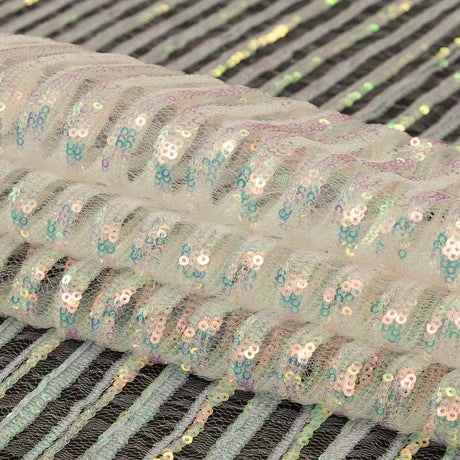 Netting with Baby Sequins - Aqua and Pink Iridescent Stripes on White