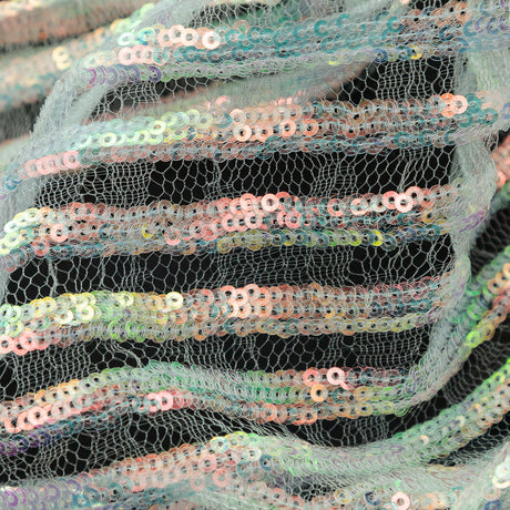 Netting with Baby Sequins - Aqua and Pink Iridescent Stripes on White