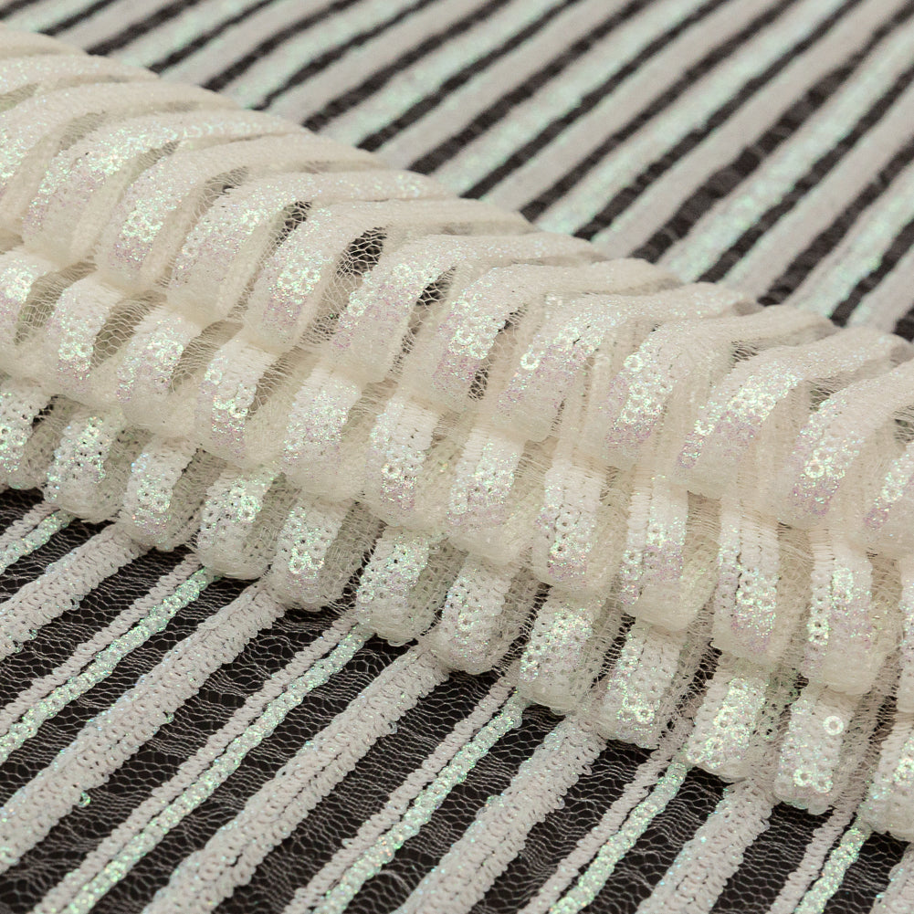 Netting with Baby Sequins - Glittery Green and Pink Iridescent Stripes on White