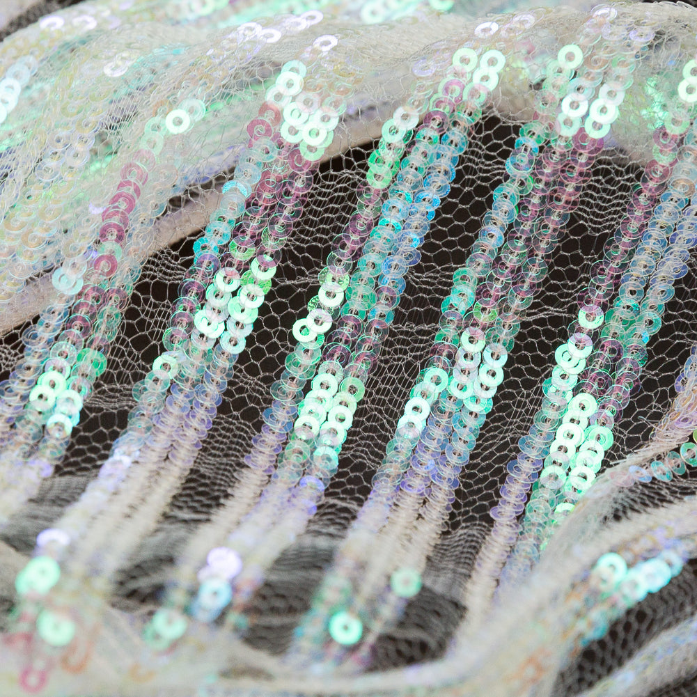Netting with Baby Sequins - Green, Blue and Pink Iridescent Stripes on White