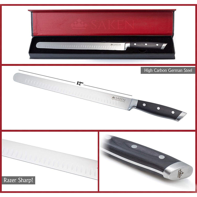 Saken 12" Hollow/Granton/Duo Edge Slicing Carving Knife, German Stainless Steel