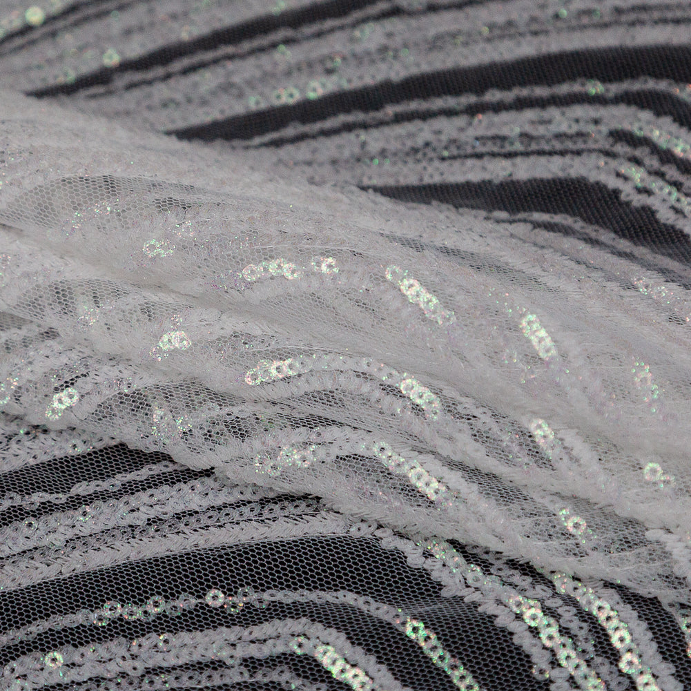 Glittery Green and Pink Iridescent Chevron Baby Sequins on White Tulle