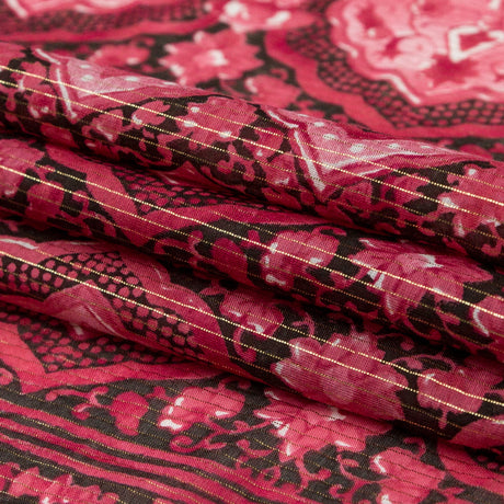 Cardinal Red Damask Cotton Voile with Metallic Gold Stripes