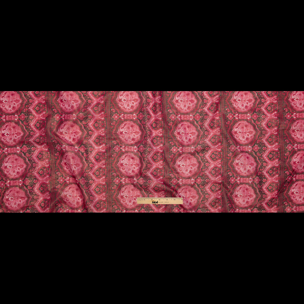 Cardinal Red Damask Cotton Voile with Metallic Gold Stripes