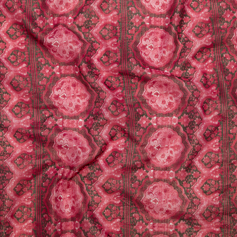Cardinal Red Damask Cotton Voile with Metallic Gold Stripes
