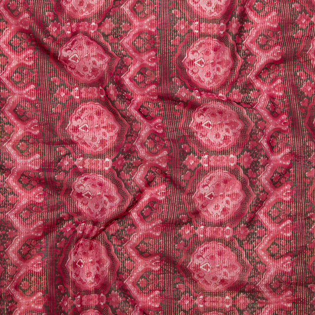 Cardinal Red Damask Cotton Voile with Metallic Gold Stripes