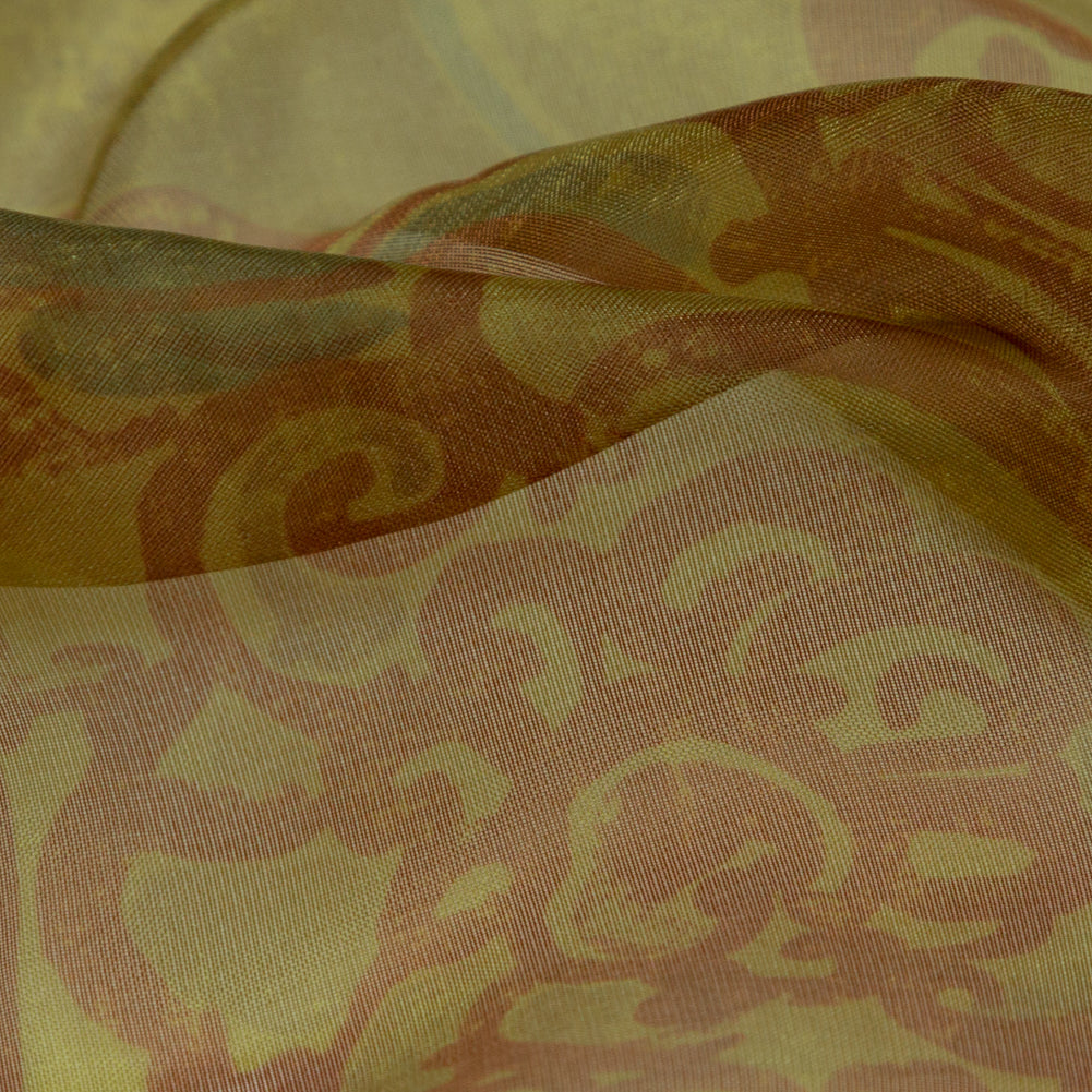Rich Metallic Gold and Merlot Scroll Printed Organza Lame