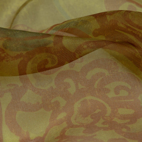 Rich Metallic Gold and Merlot Scroll Printed Organza Lame