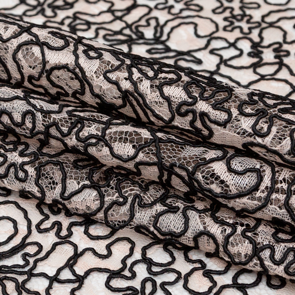 Peach Floral Chantilly Lace with Black Abstract Cording