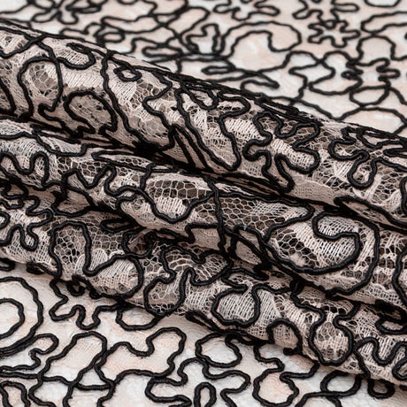 Peach Floral Chantilly Lace with Black Abstract Cording