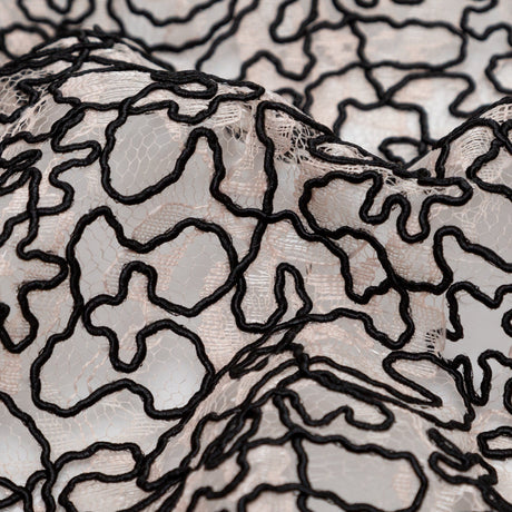 Peach Floral Chantilly Lace with Black Abstract Cording