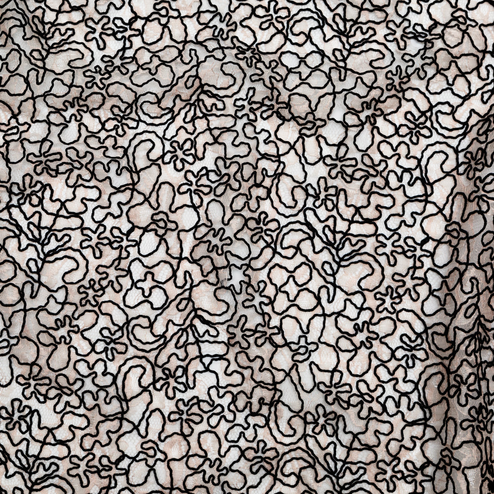 Peach Floral Chantilly Lace with Black Abstract Cording