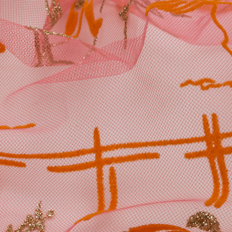 Carolina Herrera Metallic Gold, Hot Pink and Orange Horse Derby Flocked Tulle