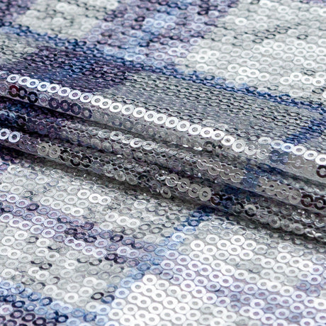 Italian Silver Circle Baby Sequins on Periwinkle, Lavender and White Plaid Mesh