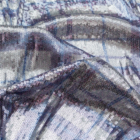 Italian Silver Circle Baby Sequins on Periwinkle, Lavender and White Plaid Mesh