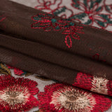 Italian Red, Gold and Green Metallic Floral Embroidery on Brown Tulle with Finished Edges