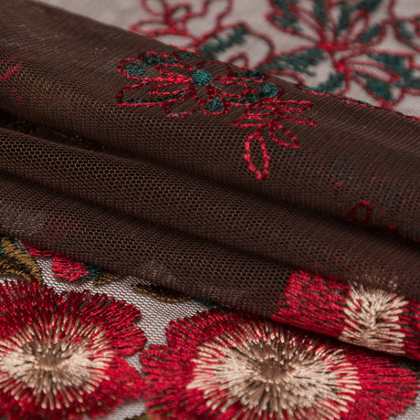 Italian Red, Gold and Green Metallic Floral Embroidery on Brown Tulle with Finished Edges