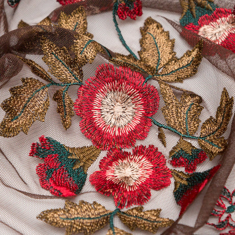 Italian Red, Gold and Green Metallic Floral Embroidery on Brown Tulle with Finished Edges