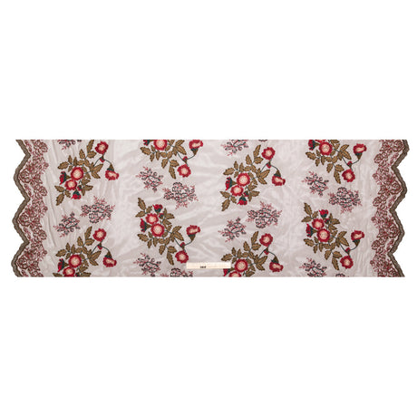 Italian Red, Gold and Green Metallic Floral Embroidery on Brown Tulle with Finished Edges